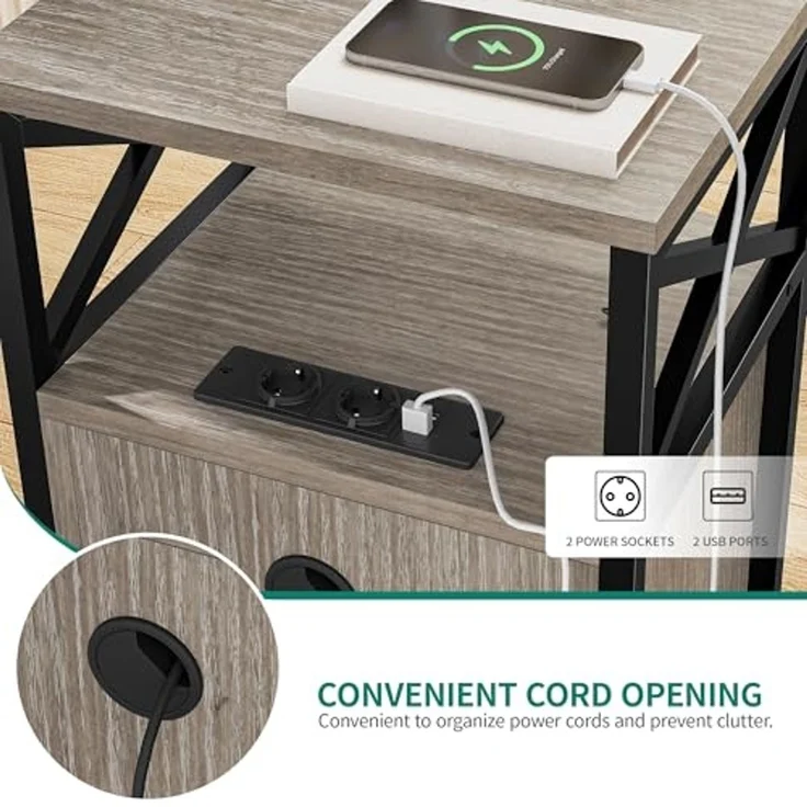 YITAHOME Beistelltisch, Nachttisch mit Kabinett, X-förmiger Couchtisch mit Ladestation, 2 USB-Anschlüssen und Steckdosen, Nachtkommode für Wohnzimmer, Metallrahmen, Schlafzimmer, Metallrahmen, Grau – Bild 4