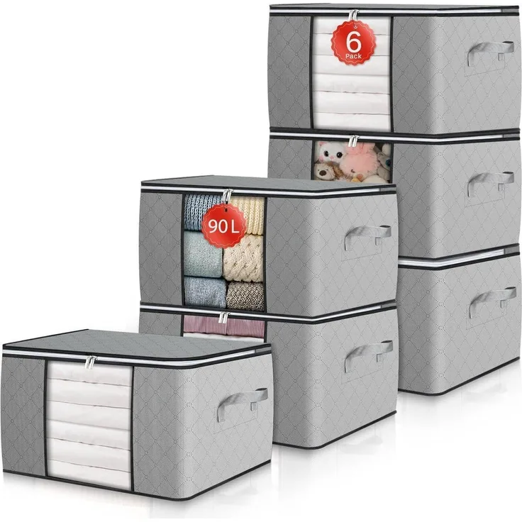 6er Set 90L Aufbewahrungsboxen Groß mit Deckel und Fenster, Grau