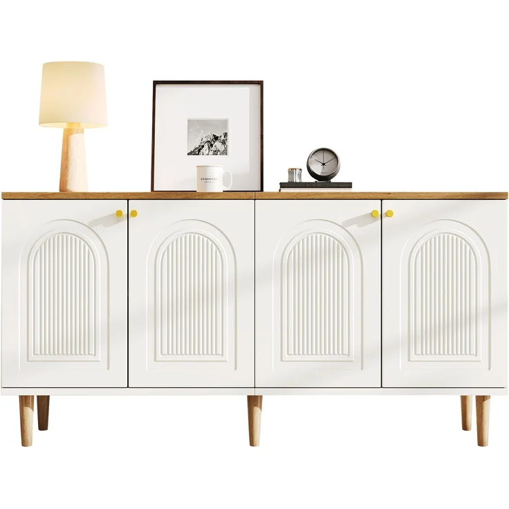 Sideboard 140 x 35 x 71 cm aus MDF und Spanplatte, 4 Türen mit 3D-Relief, Weiß und Holzton – Bild 8
