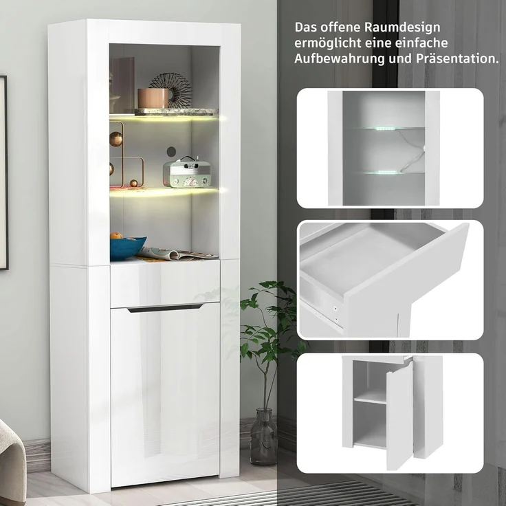 Ball & Cast Standvitrine mit Beleuchtung - Mit Offenen Fachböden & Schubladen, Vitrine für Küche, Schlafzimmer & Wohnzimmer, Weiß – Bild 7