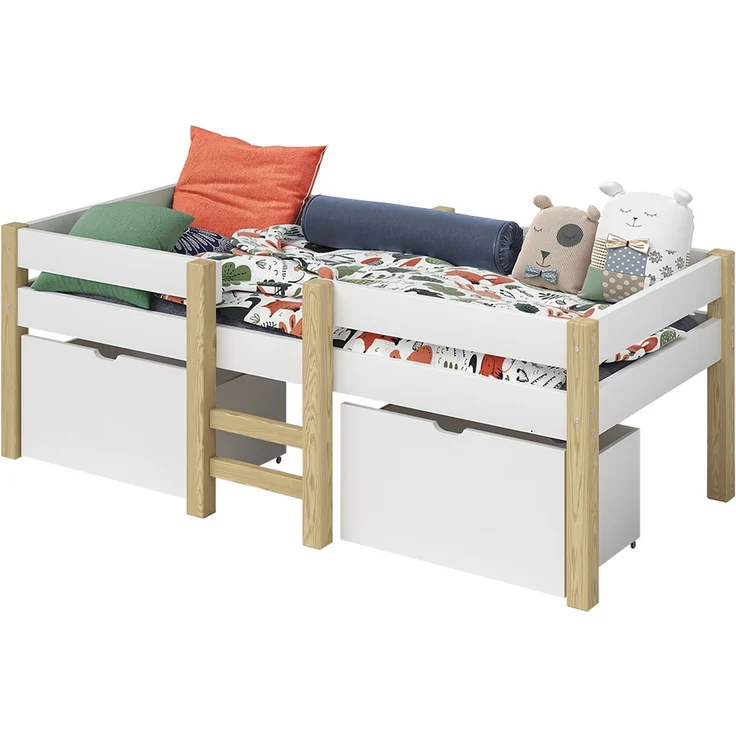 Bellabino 'Aspy' Halbhochbett 90x200 cm mit Matratze, weiß, Kinderbett mit 2 Schubladen, Rausfallschutz und Lattenrost, Hochbett mit Leiter – Bild 10