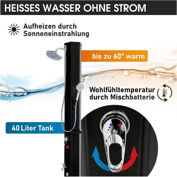 BRAST Gartendusche 3in1 Solardusche, 40-60 Liter, Handbrause & Fußdusche (ohne Stromanschluss, inkl. Standmatte Abdeckcover & Seifenhalterung), Gartenschlauch-Anschluss – Bild 3