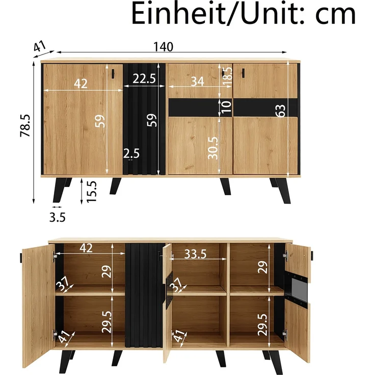 Wohnzimmermöbel-Set 3-teilig aus Spanplatte und Glas, mit Stauraum, 40x70x50,5 cm, Holzoptik und Schwarz – Bild 8