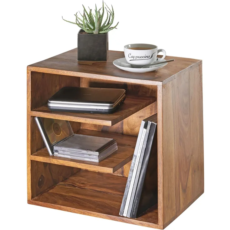 Wohnling Beistelltisch SARNUR 43 x 43 x 30 cm Sheesham Massivholz Design Nachttisch | Kleiner Wohnzimmertisch mit Ablagen | Designer Holztisch massiv | Nachtkonsole Nachtkommode Holz | Anstelltisch modern