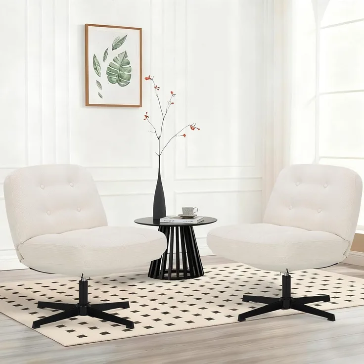 COLAMY Sessel Wohnzimmer 2er Set, 360° Drehbarer Loungesessel mit Entspannung, Relaxsessel Gepolsterter Sofasessel mit Metallbeinen für Schlafzimmer, Polsterstuhl Akzentsessel für Heimbüro, Weiß