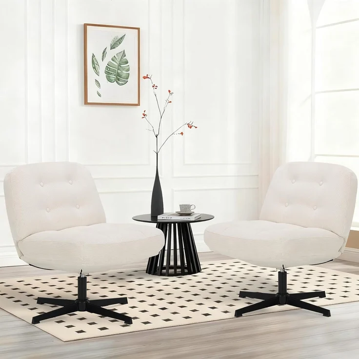 COLAMY Sessel Wohnzimmer 2er Set, 360° Drehbarer Loungesessel mit Entspannung, Relaxsessel Gepolsterter Sofasessel mit Metallbeinen für Schlafzimmer, Polsterstuhl Akzentsessel für Heimbüro, Weiß