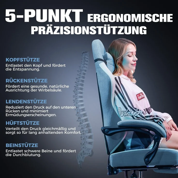 GTPLAYER Gaming Stuhl Ergonomischer, PC Stuhl Atmungsaktiver Stoff, Groß und Hoch Drehbarer Schreibtischstuhl mit Fußstütze,Verstellbare Lendenwirbelstütze und Kopfstütze,Hellblau – Bild 6