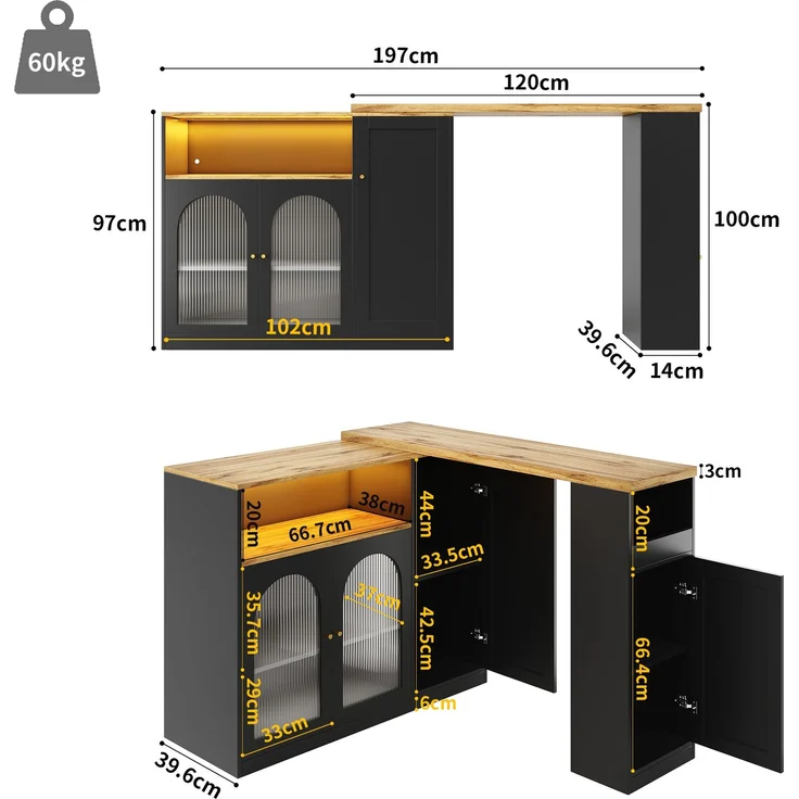 Um 360° drehbarer Bartisch (Hauptkörper: 198 x 39,6 x 97 cm), mattschwarzer Schrank mit Schreibtisch in Holzmaserung, mit Glasschranktür und LED-Licht, Sideboard, Weinschrank, Kaffeeecke--Schwarz--197x39.6x100cm--YOUDENOVA – Bild 3