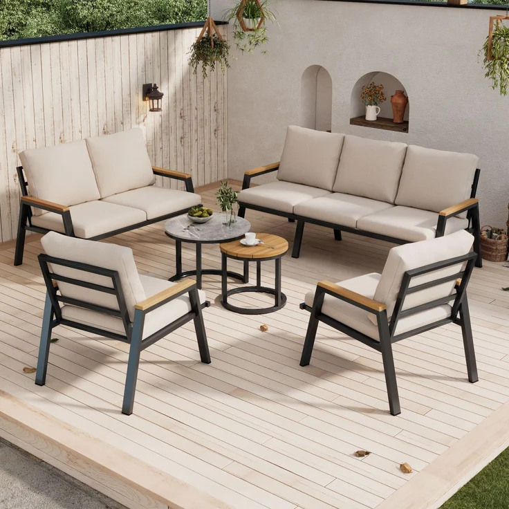 Merax Gartenlounge-Set, Gartenmöbel-Set mit bequemen Kissen, mit 2 Couchtische, Marmor lackierte Glasplatte und Kunststoff-Holzplatte, graubeige – Bild 2