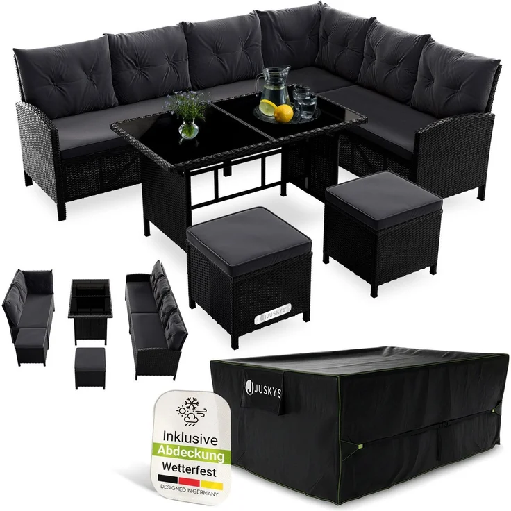 Juskys Polyrattan Lounge Manacor schwarz – Gartenlounge mit Sofa, Tisch, 2 Hocker & Kissen, inkl. Abdeckung – Gartenmöbel Set bis 8 Personen – Sitzbezüge in Grau – Bild 1