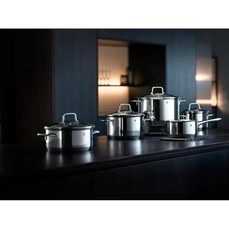 WMF Topf-Set Astoria, Cromargan® Edelstahl Rostfrei 18/10 (Set, 11-tlg, 2x Bratentopf mit Deckel, 3x Kochtopf mit Deckel, 1x Stielkasserolle), 11-teilig, hochglanzpoliert, mit Schüttrand, TransTherm-Allherdboden – Bild 3