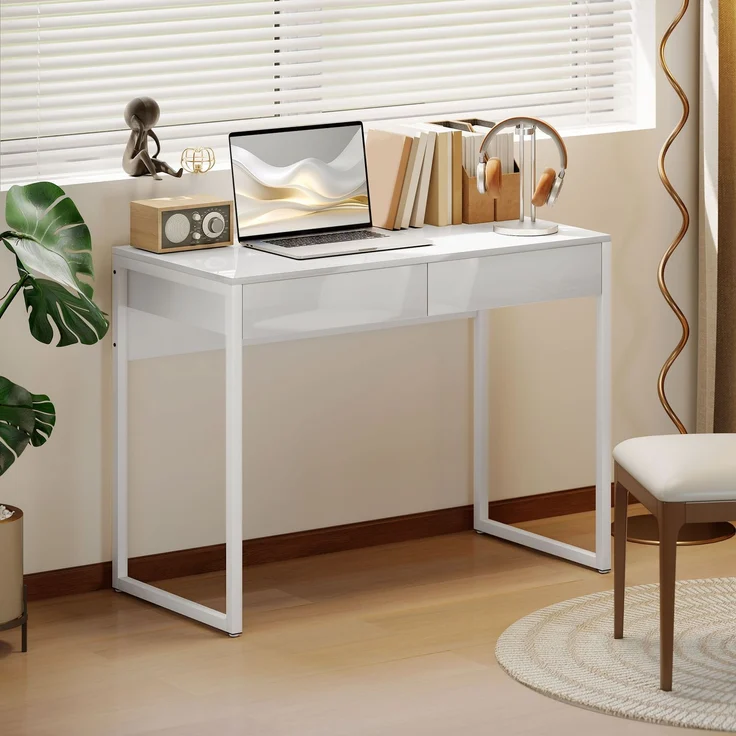 MELAYR, Schreibtisch 100 x 50 cm Computertisch Bürotisch mit 2 Schubladen, für kleine Räume, Weiß – Bild 3