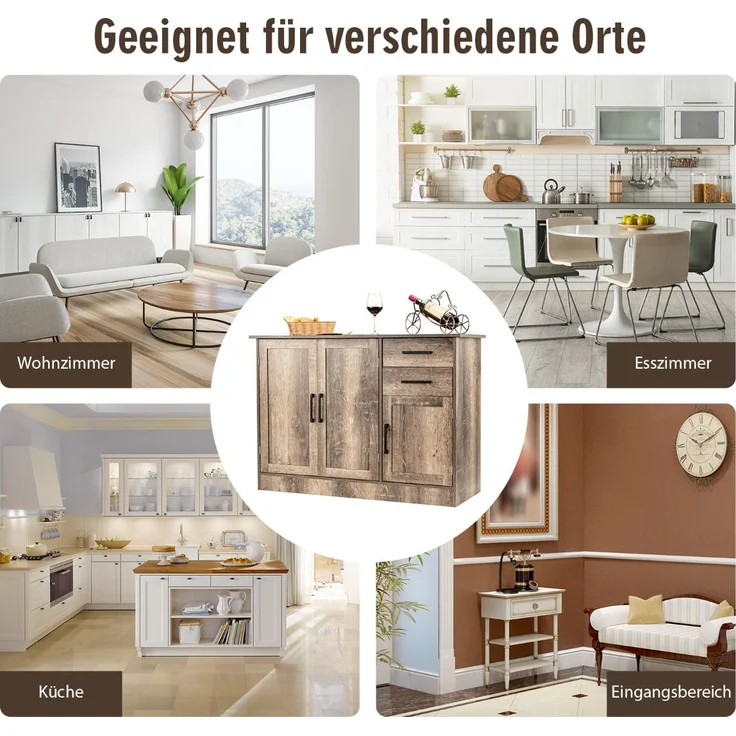 Freistehender Buffetschrank mit 2 Schubladen 3 Türen und 1 verstellbarem Regal Grau – Bild 3