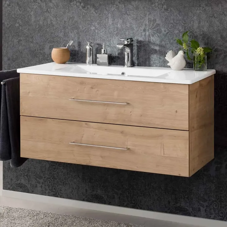 FACKELMANN B.PERFEKT Waschbecken mit Unterschrank 103 cm breit, Braun hell, Waschbecken Keramik Weiß – Bild 2