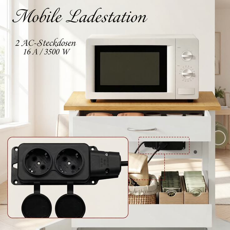 Küchenwagen aus MDF mit Steckdosen, Stauraum und Rollen, 60x45x92 cm, Weiß – Bild 4