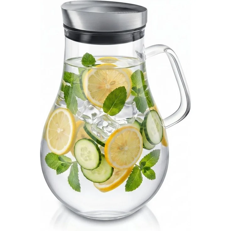 Arendo Karaffe Glaskaraffe 2,0 L, Edelstahldeckel, Henkel, Grobfilter, Wasserkaraffe, (1-tlg, 2000 ml mit Edelstahl-Deckel, Grobfilter und ergonomischem Henkel), Borosilikatglas, 2000 ml, Sieb, hitze- und kältebeständig, BPA-frei – Bild 1