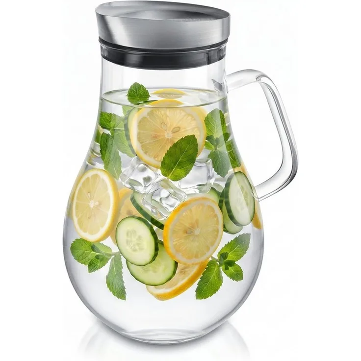 Arendo Karaffe Glaskaraffe 2,0 L, Edelstahldeckel, Henkel, Grobfilter, Wasserkaraffe, (1-tlg, 2000 ml mit Edelstahl-Deckel, Grobfilter und ergonomischem Henkel), Borosilikatglas, 2000 ml, Sieb, hitze- und kältebeständig, BPA-frei