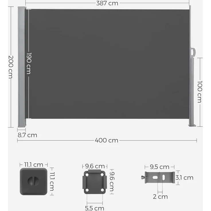 Songmics Seitenmarkise mit Stahl-Kasten, rostbeständig, ausziehbar, 200x400 cm, Sichtschutz, Sonnenschutz, Blickdicht, Seitenrollo, für Balkon, Terrasse, Garten, anthrazit GSA204G02 – Bild 2