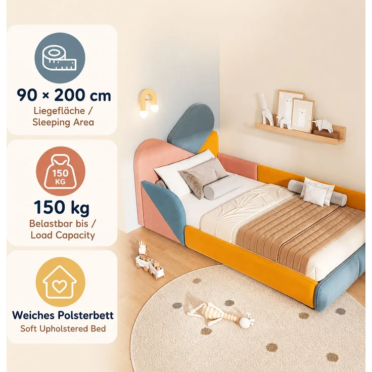 TavilaEcon Polsterbett Weiches Bodenbett mit gepolstertem Kopfteil & Fallschutz Blau+Pink+Orange Liegefläche 90 × 200 cm – Bild 9