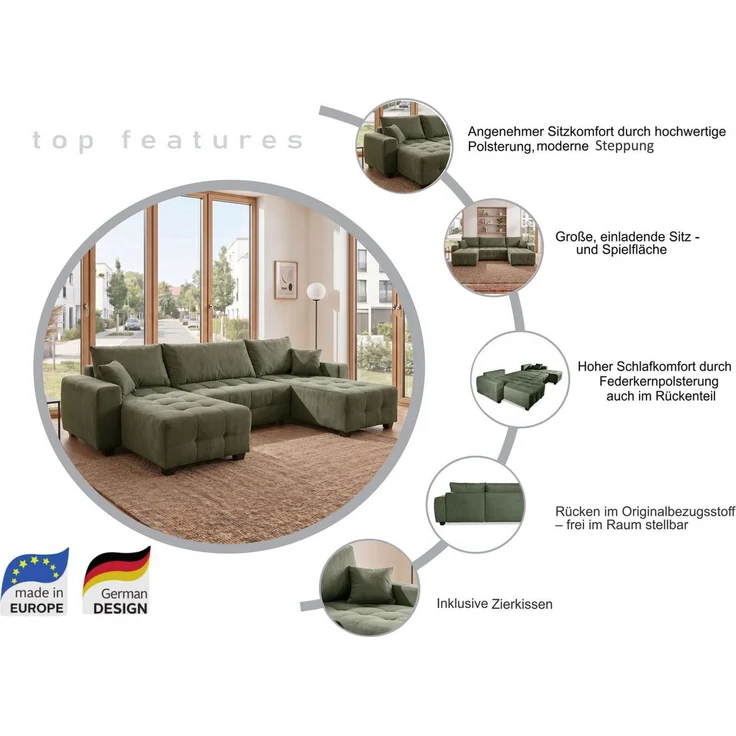 OTTO home Wohnlandschaft Bella U-Form, B: 314 cm, inkl. Schlaffunktion, auch in Cord, inkl. Bettkasten, Bonellfederkern, extra große Liegefläche: 269x135cm – Bild 3