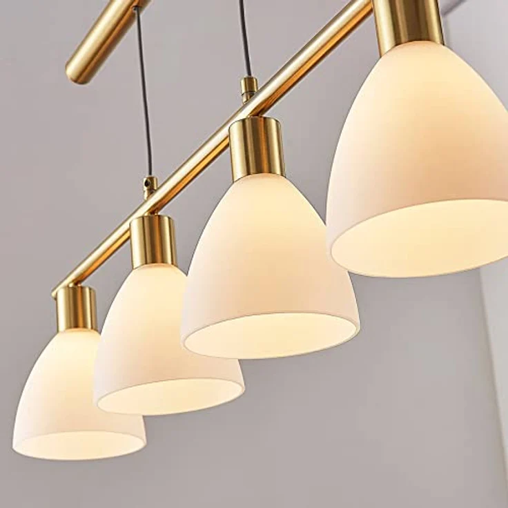 Lindby Hängelampe Simeon, vierflammige Balkenpendelleuchte, höhenverstellbar, messingfarben mit Glasschirmen, 73 cm, E14 – Bild 6