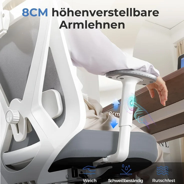 COMHOMA Bürostuhl Ergonomisch [TESTSIEGER], Schreibtischstuhl mit 3D-Kopfstütze & 3D-Lendenwirbelstütze, verstellbare Armlehnen, Office Chair mit Wipp- und Kippfunktion,Belastung bis 150KG, Grau – Bild 7