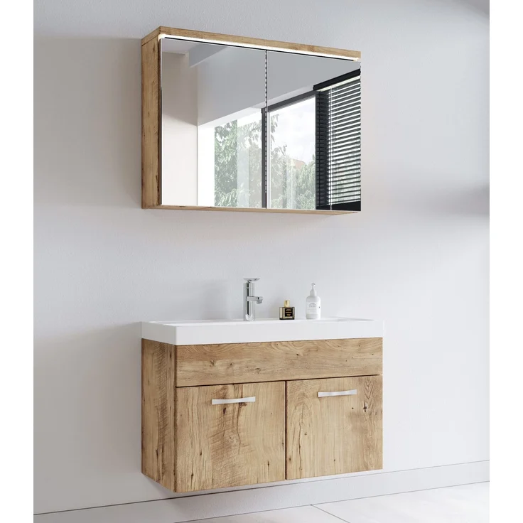 Badplaats Badmöbel Komplettset Paso 02 80 x 40 cm Kastanien Eiche - Badezimmermöbel mit Waschbecken und Spiegelschrank – Bild 2