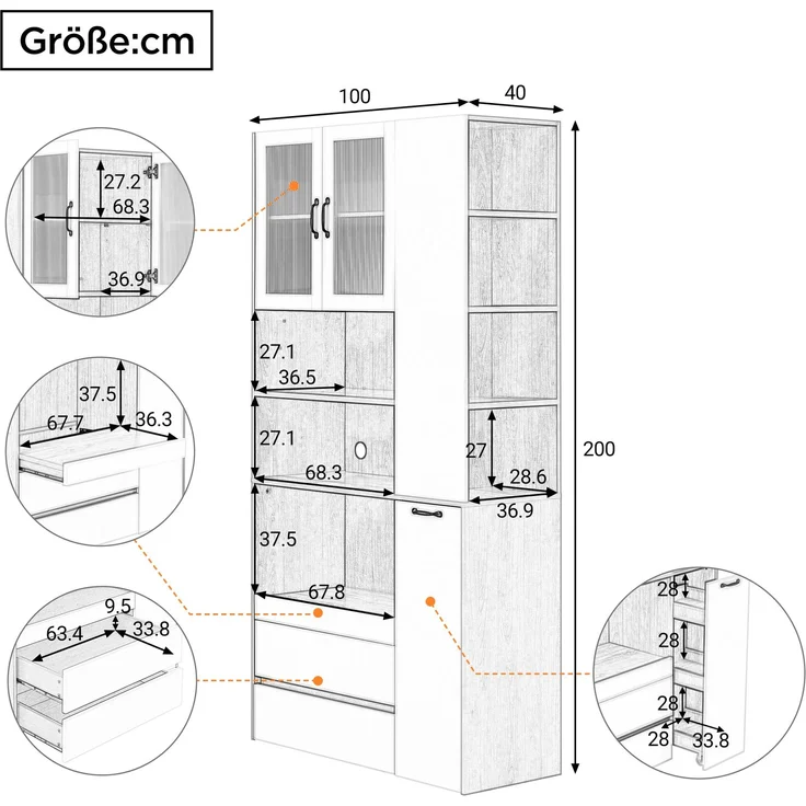 Highboard mit verstellbaren Regalböden und Schubladen, Buffetschrank mit ausziehbaren Regalböden und Riffelglas , Ideal für Esszimmer, Wohnzimmer und Küche (Weiß+Nussbaum) – Bild 5