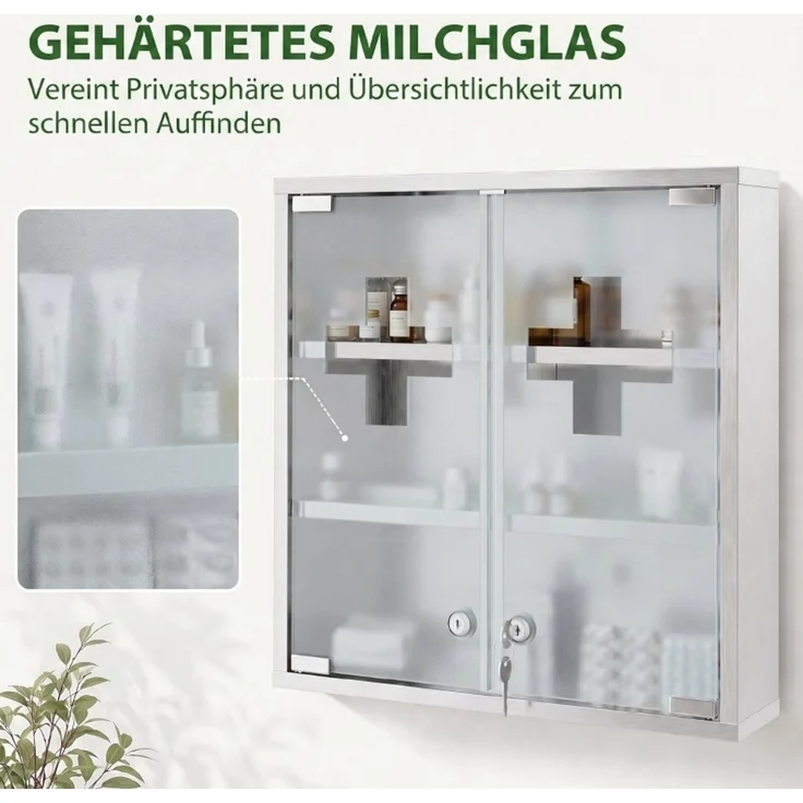 Medizinschrank 48 x 46 x 12 cm mit abschließbaren Milchglastüren und sechs Aufbewahrungszonen – Bild 7