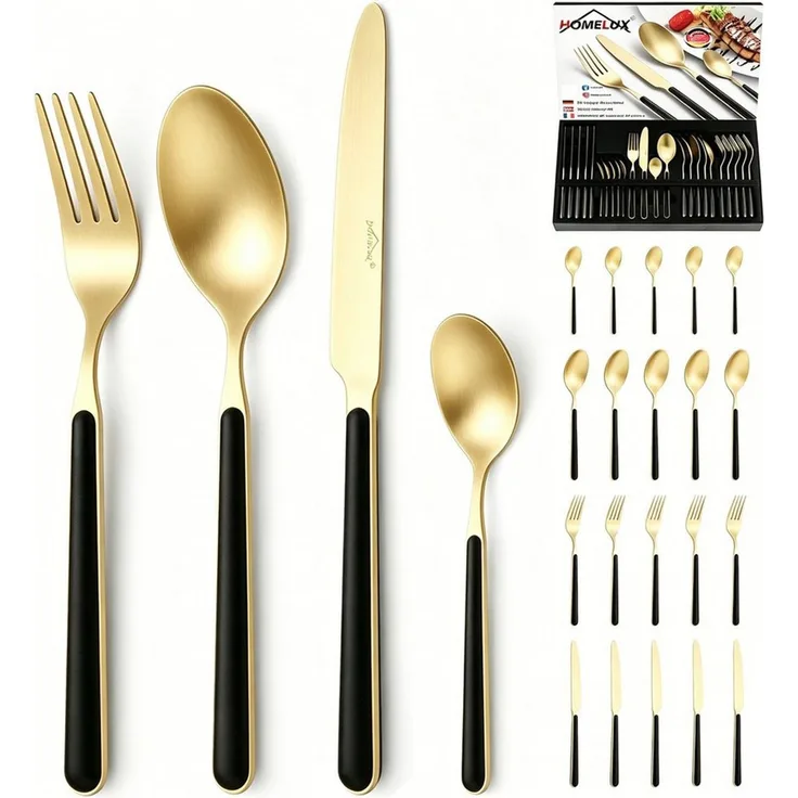 HOMELUX Besteck-Set 24 teilig Essbesteck Set, Edelstahl glänzend,ergonomisch,elegante Gold, 6 Personen, Edelstahl,Titan-Beschichtung,Matt poliert,hochwertiger Besteckkasten