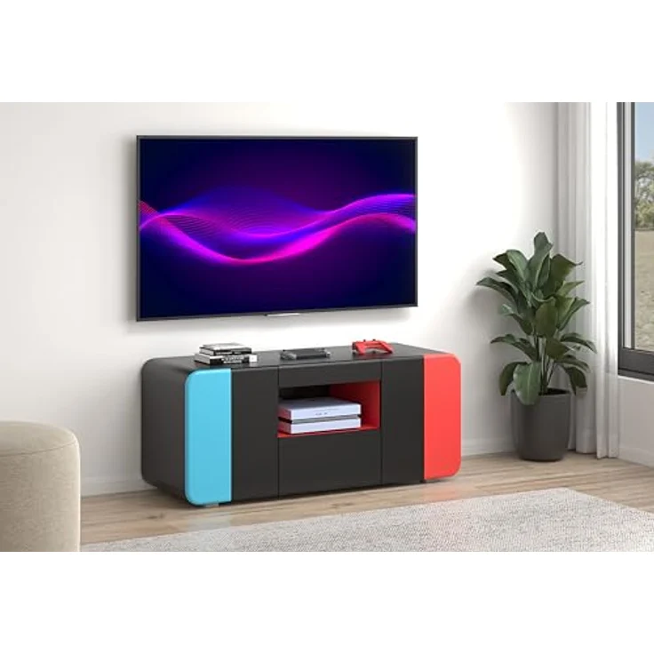 trendteam smart living - Level Up - TV-Schrank - Schwarz/Rot/Blau - Gaming-Lowboard passend für z.B. Nintendo Switch - (BxHxT) 115 x 49 x 42 cm - Mit LED-Spot BLAU, 4er-Set – Bild 4