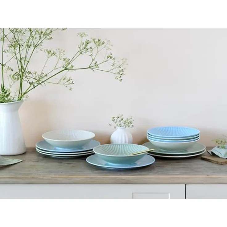 Creatable Tafelservice Valencia, 12-teilig, lebensmittelecht, stapelbar, Keramik, Creme, Pastellgrün, Pastellblau – Bild 2
