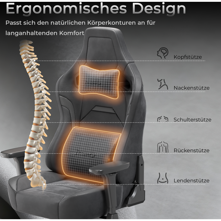 Gaming-Stuhl mit luxuriösem Wildlederimitat – ergonomisch, großzügige Sitzfläche, verstellbare Rückenlehne 90°–135°, 3D-Armlehnen,Grau – Bild 4