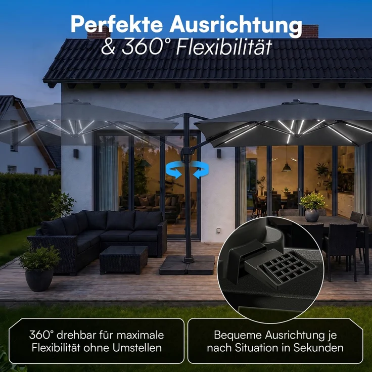 STEELSØN 'Lyrion' Sonnenschirm LED Solar 300x300 cm quadratisch, neigbar und 360-Grad drehbar, anthrazit, Ampelschirm inkl. Abdeckung, UV50+ – Bild 2