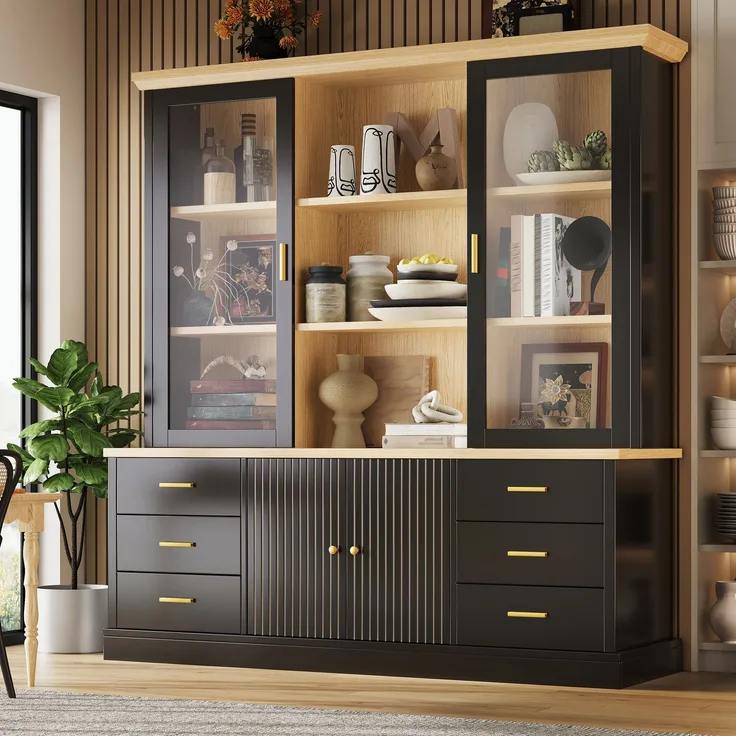Küchenschrank 140 x 40 x 185 cm aus MDF, schwarz, mit Glastüren und 6 Schubladen