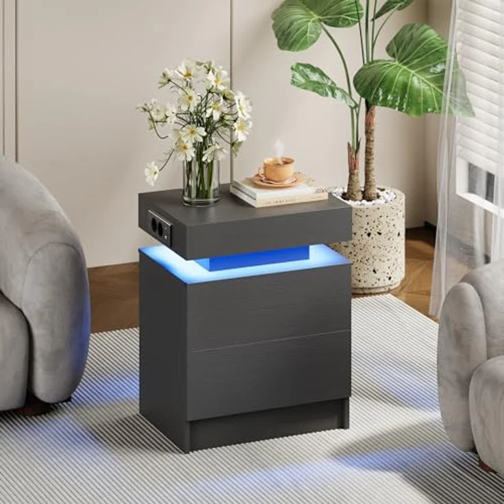 IRONCK Nachttisch Grau mit LED-Licht & Ladefunktion, Beistelltisch mit USB+Typ-C Anschlussen, Nachtschrank mit 2 Schubladen, Sofatisch für Schlafzimmer, Wohnzimmer, 35 x 48 x 60 cm – Bild 8