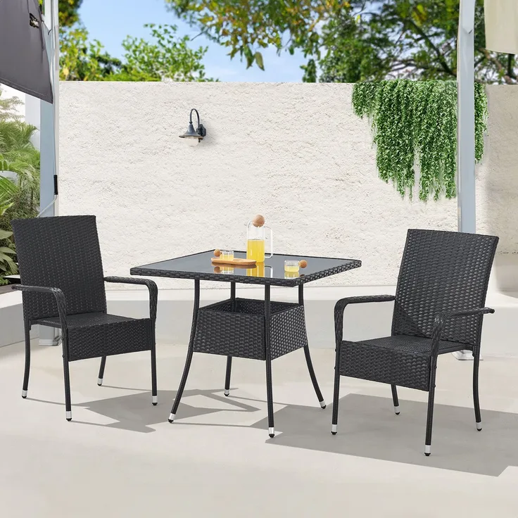 Juskys Polyrattan Gartentisch Yoro wetterfest - Balkontisch 80x80 cm eckig - Rattan Beistelltisch mit Glasplatte - kleiner Tisch für Balkon - Schwarz