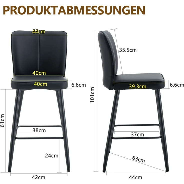 101 cm hohes 2-teiliges Set Barhocker aus schwarzem PU-Material: Ergonomische Rückenlehne, komfortabel und stilvoll.--Schwarz--44x44x101cm--YOUDENOVA – Bild 3