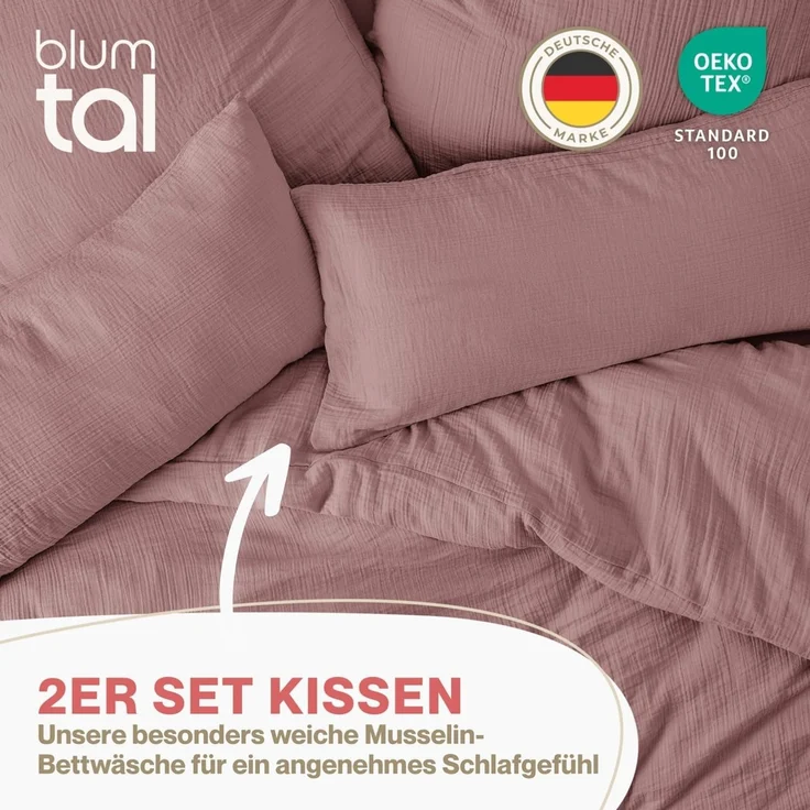 Blumtal Kissenbezug Musselin Kissenbezug - Oeko-TEX zertifiziertes Musselin Kopfkissen, (2 Stück), 100% Baumwolle – Bild 2