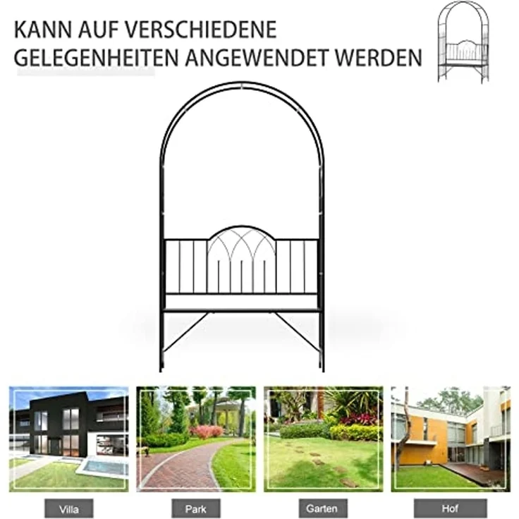 Outsunny Gartenbank Laubenbank Philosophenbank Rankgitter Rankhilfe (Rosenbank, 1-St, Rosenbogen mit Bank), Metall Schwarz 115 x 59 x 203 cm – Bild 5