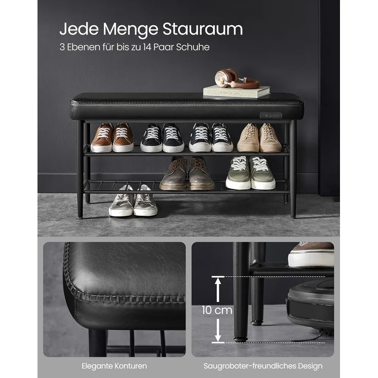 VASAGLE EKHO Kollektion - Schuhbank, Sitzbank, Sitztruhe, Eingangsbereich, Kunstleder, Nähte, Mid-Century-Modern-Stil, modern, bis 135 kg belastbar, 30 x 100 x 50 cm, tintenschwarz LSB113B01 – Bild 8