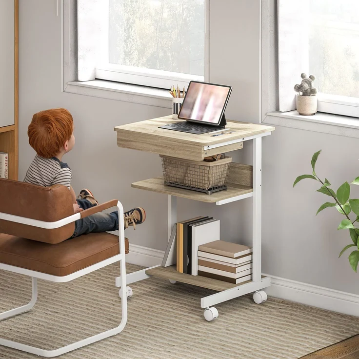 Computertisch auf Rollen, Schreibtisch mit Stauraum 56 x 51 cm mit Schublade, Fach und CPU-Halterung, Eiche – Bild 9