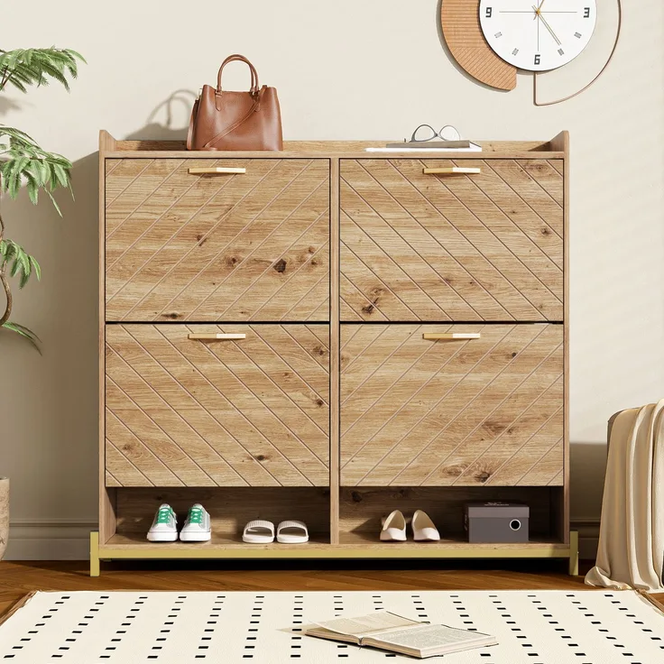 Schuhschrank Holzoptik Klappschrank Flurschrank platzsparend mit Metallfüßen, schmaler Schuhkipper für Flur Diele Schlafzimmer