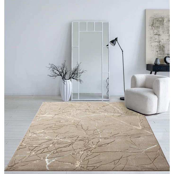 Mia's Teppiche Cielo Moderner Dichter Kurzflor Teppich, Wohnzimmer, Schlafzimmer, Eleganter Glanz, Glanzfaser, Hoch-Tief Effekt, Feder, Beige, 140x200 cm