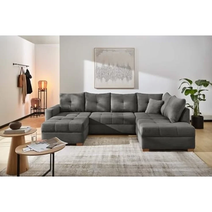 Wohnlandschaft U-Sofa groß Schlaffunktion Couch Bettkasten Cord Dunkelgrau – Bild 2