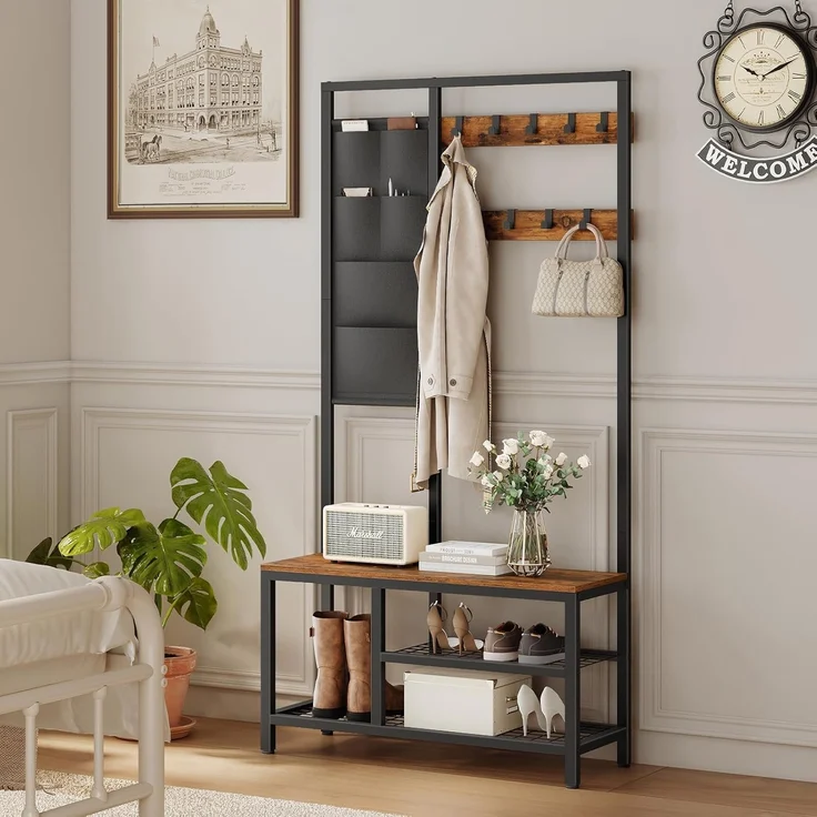 HOOBRO Garderobenständer, Garderobe, Kleiderständer mit 6 staschen und 9 Haken, Schuhregal mit Sitzfläche, Sitzbank, Viel Stauraum, für Flur, Wohnzimmer, vintagebraun-schwarz EBF24MT01 – Bild 6