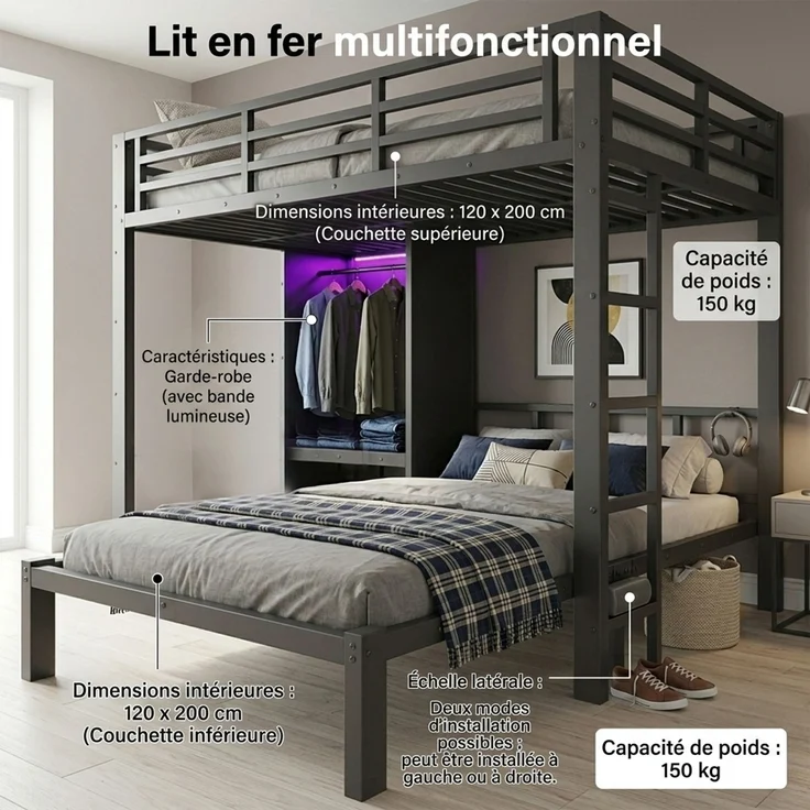 EINHOM Metallbett 120 x 200 cm, Doppelstockbett in Schwarz, Etagenbett mit 2 Liegeflächen, Gerader Leiter, Integriertem Kleiderschrank und LED-Beleuchtung (Ohne Matratze) – Bild 4