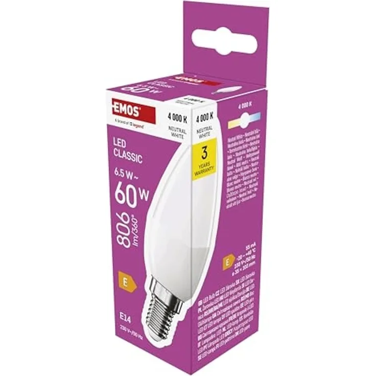 EMOS LED Lampe Candle, 6,5W Ersatz für 60W Glühbirne, Kerzenlampe mit E14 Sockel, Helligkeit 806 lm, Neutralweiß 4000 K, 30000 h Lebensdauer, CRI min. 80, 240° Abstrahlwinkel