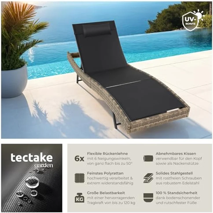 tectake® Sonnenliege, 6-Fach verstellbare Rückenlehne, Gartenliege wetterfest, Poolliege mit Kopfkissen, Outdoor Liege, UV-beständig, Strandliege für Garten, Terrasse und Balkon - Natur – Bild 3