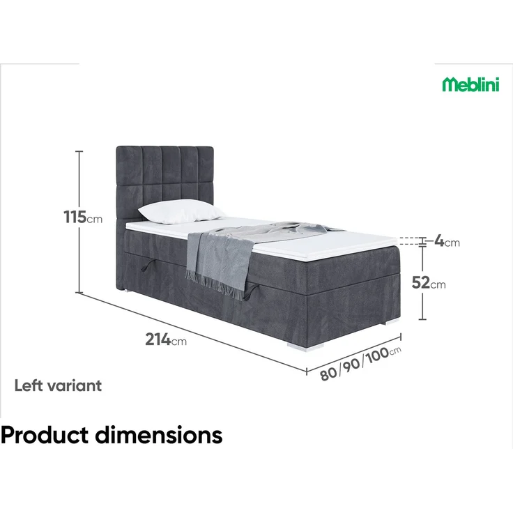 MEBLINI Boxspringbett LUKAS 90x200cm Links - H4/Dunkelgrau Samt - mit Bettkasten - Gepolstert Einzelbett mit Topper & Taschenfederkern-Matratze – Bild 7